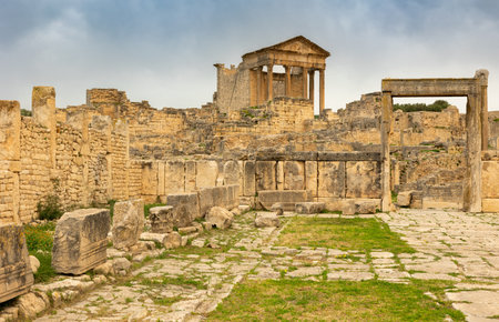 Remaining of the roman City of Dougga with Capitol, Tunisiaの写真素材