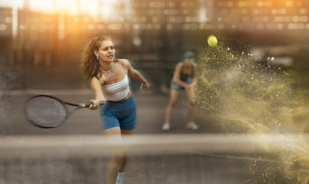 Stylized shot of young female tennis player swinging racket to hit ballの写真素材