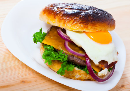 Cheeseburger with beef patty, fried egg, bacon, vegetablesの写真素材