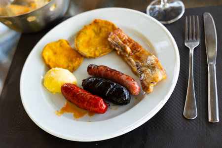Spanish grill plate of sausages, pork slice, and fried eggplantsの写真素材