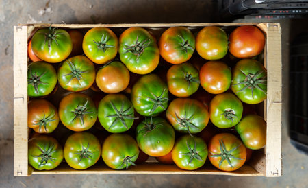 Boxes with tomatoes in grocery store, natural foodの写真素材