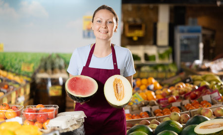 Woman seller in apron holds in watermelon and one-half melon packed in filmの写真素材