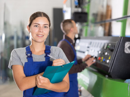 Portrait of foreman girl with folder of documents in glass workshop