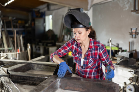 Portrait of a female welder standing with a welding semi-automatic machine and a safety helmet in metal machining workshopの写真素材