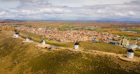 Aerial view of Wind mills at knolls at Consuegra, Toledo regionの写真素材