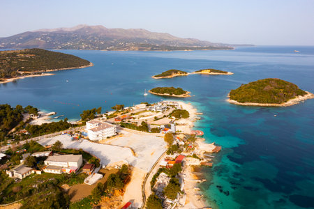 Drone view of Albanian resort of Ksamil on coast of Ionian seaの写真素材