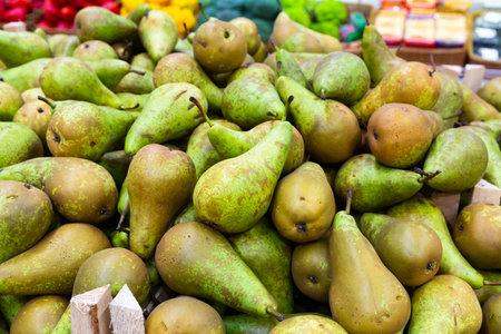 Fresh ripe pears in box ready for saleの写真素材