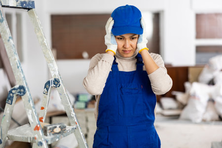 Female foreman unhappy with work done indoorsの写真素材