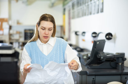 Portrait of an upset female employee of printing house with torn piece of paper in her hands