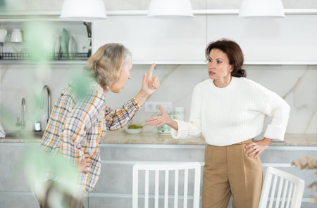 Angry old and middle-aged women quarreling aggressively to each other in the kitchen