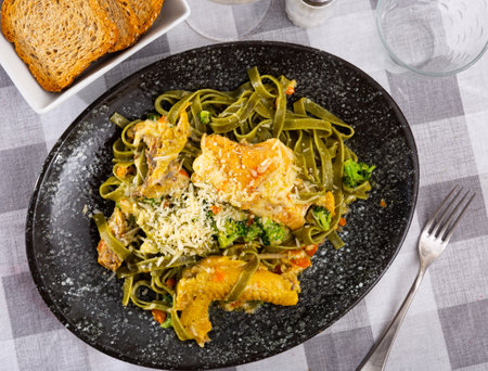 Traditional Italian pasta with meat additive - chicken in cream sauce and broccoli.の写真素材