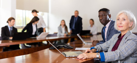 Elderly business woman using laptop at business meeting