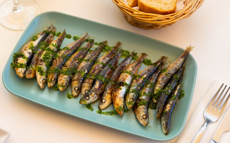 Healthy Mediterranean of fried sardines in batter served in dishの写真素材