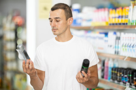 Man chooses body antiperspirant in the specialty section of supermarketの写真素材