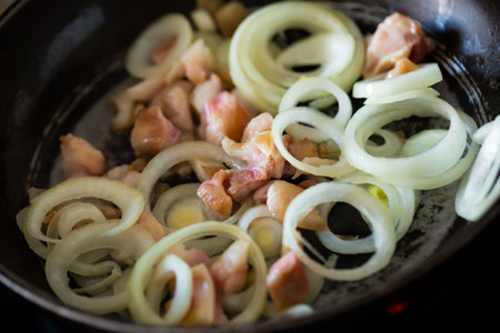 Frying pan with pork meat and fried onions close upの写真素材