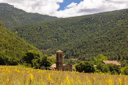 Ancient Santa Eulalia de Posada parish church of Naves in summerの写真素材