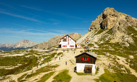 ITALY, DREIZINNENHUTTE - AUGUST 12, 2023: Dreizinnenhutte, Rifugio Antonio Locatelli, Dolomites, South Tyrol, Italyのeditorial素材