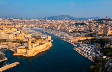 View from drone to Mediterranean seascape with yachts in marina of Marseilleの写真素材