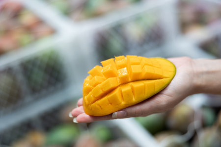 Sliced ripe juicy mango in hands of female workerの写真素材