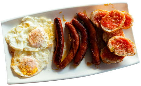 Fried eggs served with chistorra sausagesの写真素材