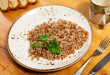 Buckwheat porridge served on plateの写真素材