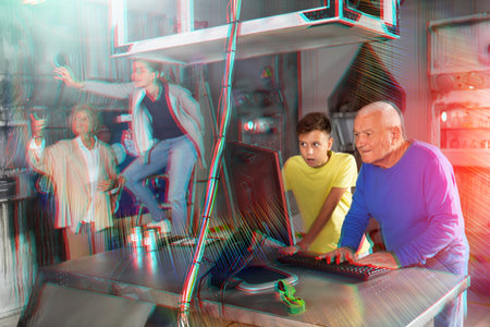 Teenager together with grandfather looking for puzzle solution in quest room