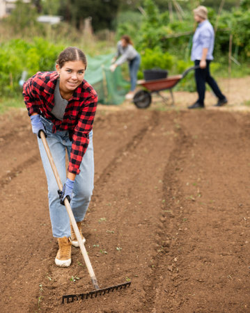 Girl working in garden, raking soil on patch while preparing for planting seedlingsの写真素材
