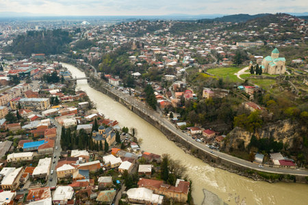 Panoramic view of Kutaisi center with Bagrati Cathedralの写真素材