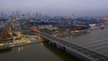 Aerial view on the Swietokrzyski bridge over the Vistula river. Warsaw, Polandの写真素材