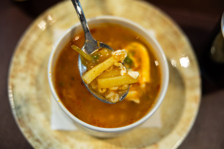 Spoonful of savory traditional Russian rassolnik soupの写真素材