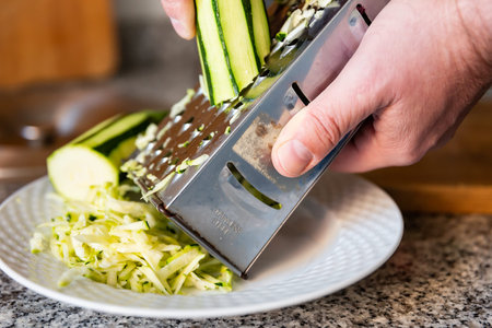 Mens hands hold piece of ripe zucchini and chop vegetables with grater