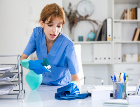 Cleaning lady of cleaning company wipes dust from table in officeの写真素材