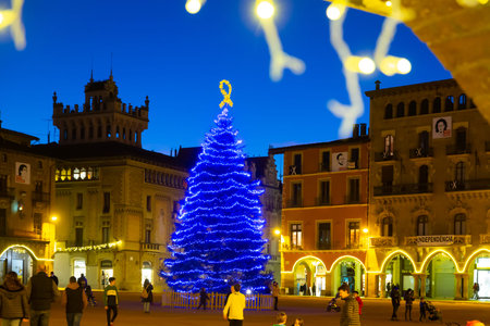 Night view of central square of Vic Placa Major with main Christmas treeのeditorial素材