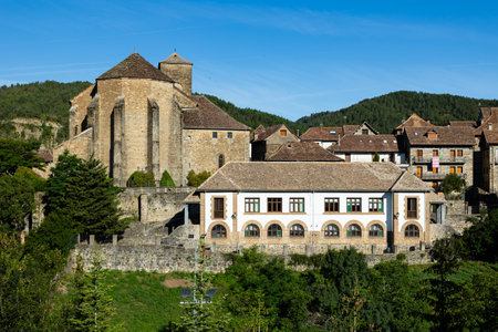 Summer view of Anso town with San Pedro church in Pyreneesの写真素材