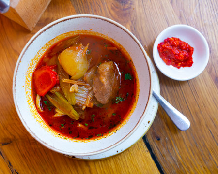 Uigur soup lagman with meat and vegetablesの写真素材