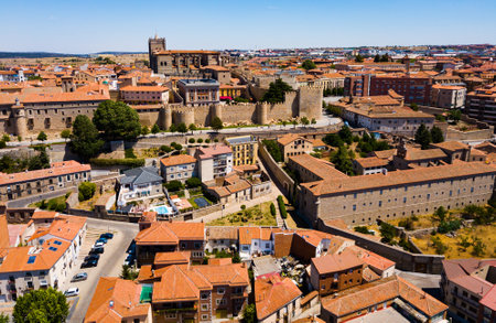 Aerial view of Avila with town walls and Cathedralの写真素材