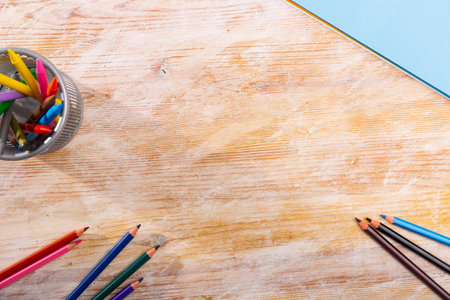 School stationery on wooden tableの写真素材
