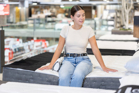 In furniture store, girl examines orthopedic mattress.の写真素材
