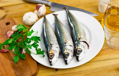 Sardines on plate served with parsley, ready to serveの写真素材
