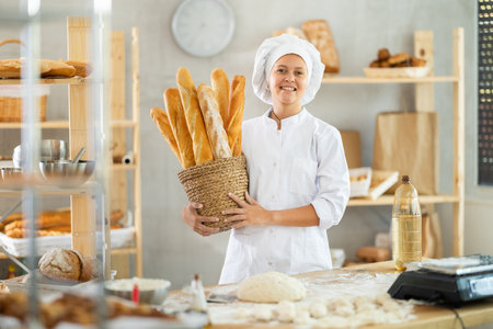 Young woman baker are standing near product range in bakery kitchen.