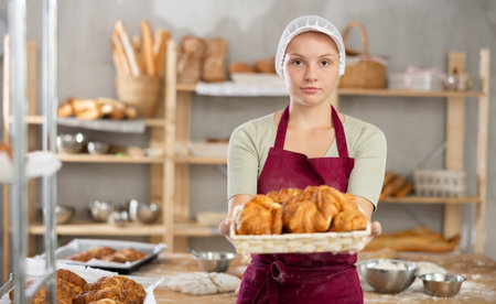 Young female baker apprentice holding tray of baked croissantsの写真素材