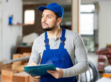 Male foreman checks the completed construction work on drawing