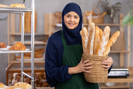 Muslim seller holding breadの写真素材