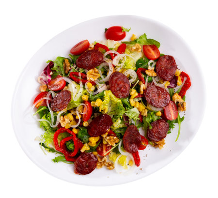 Salad with chorizo, corn and peppersの写真素材