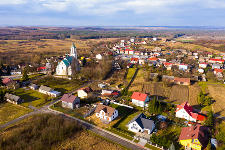 Aerial view of houses and nature of Wlodowiceの写真素材