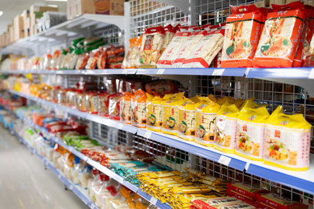 There is assortment of Chinese rice noodles on supermarket shelfのeditorial素材