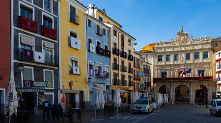 Residential buildings and Town Hall at Plaza Mayor, Cuenca, Spainのeditorial素材