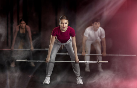 Slender girl trains muscles of arms and back using barbell and differentiated weighting in gymの写真素材