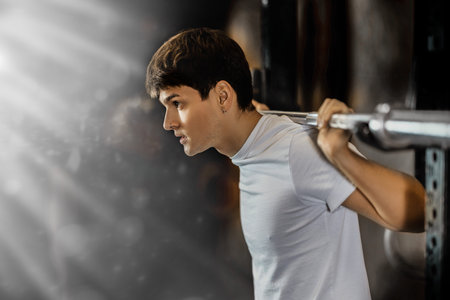 Slender guy trains muscles of arms and back using barbell and differentiated weighting in gym