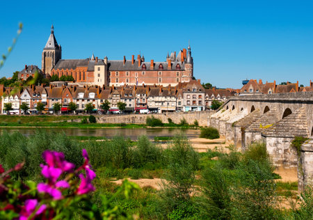 Summer view of Gien townscape with bridge across Loire and medieval Chateauの写真素材